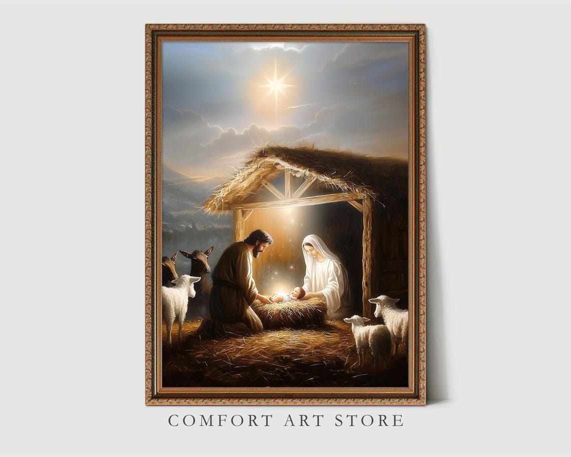 Peaceful Holy Family Nativity in Stable with Animals Star Poster - Image 3