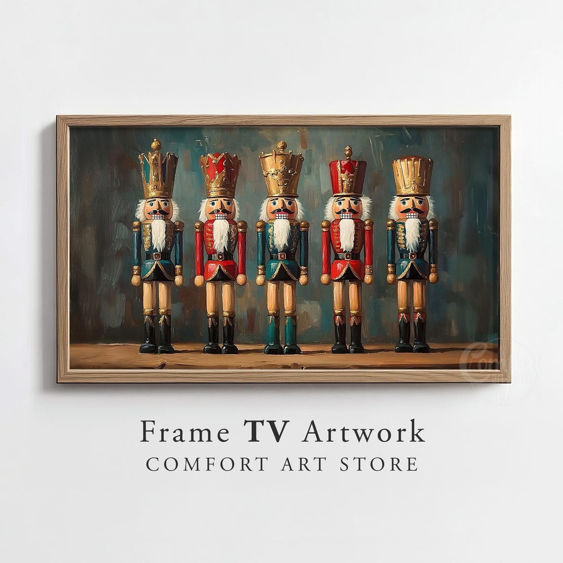 Five Wooden Nutcracker Soldiers in Red Blue and Gold Uniforms Poster