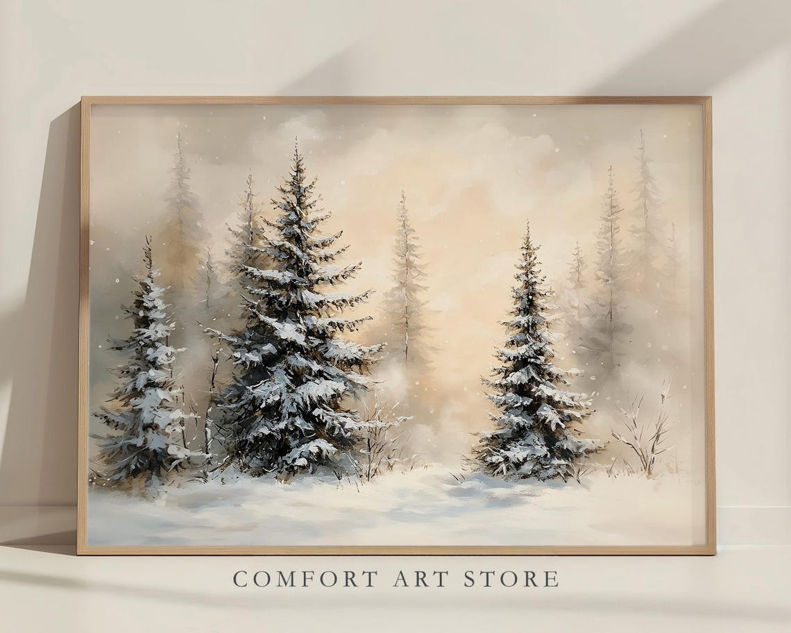 Snowy Pine Trees Standing In A Quiet Misty Winter Forest Wall Art - Image 2