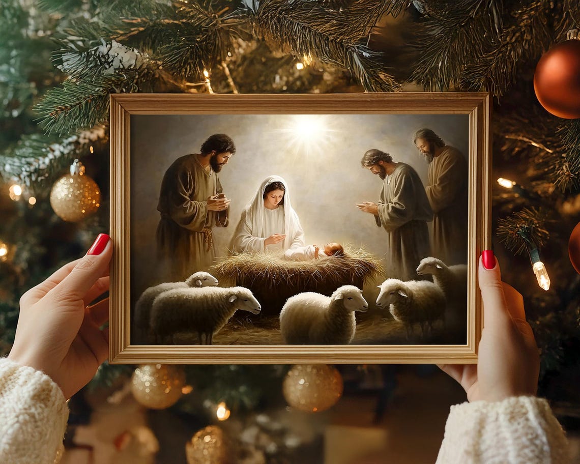 Holy Family Nativity Scene with Shepherds and Sheep Art Poster - Image 4