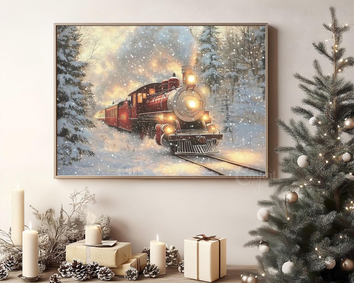 Red Steam Locomotive in Snowy Winter Forest at Dusk Wall Art - Image 8