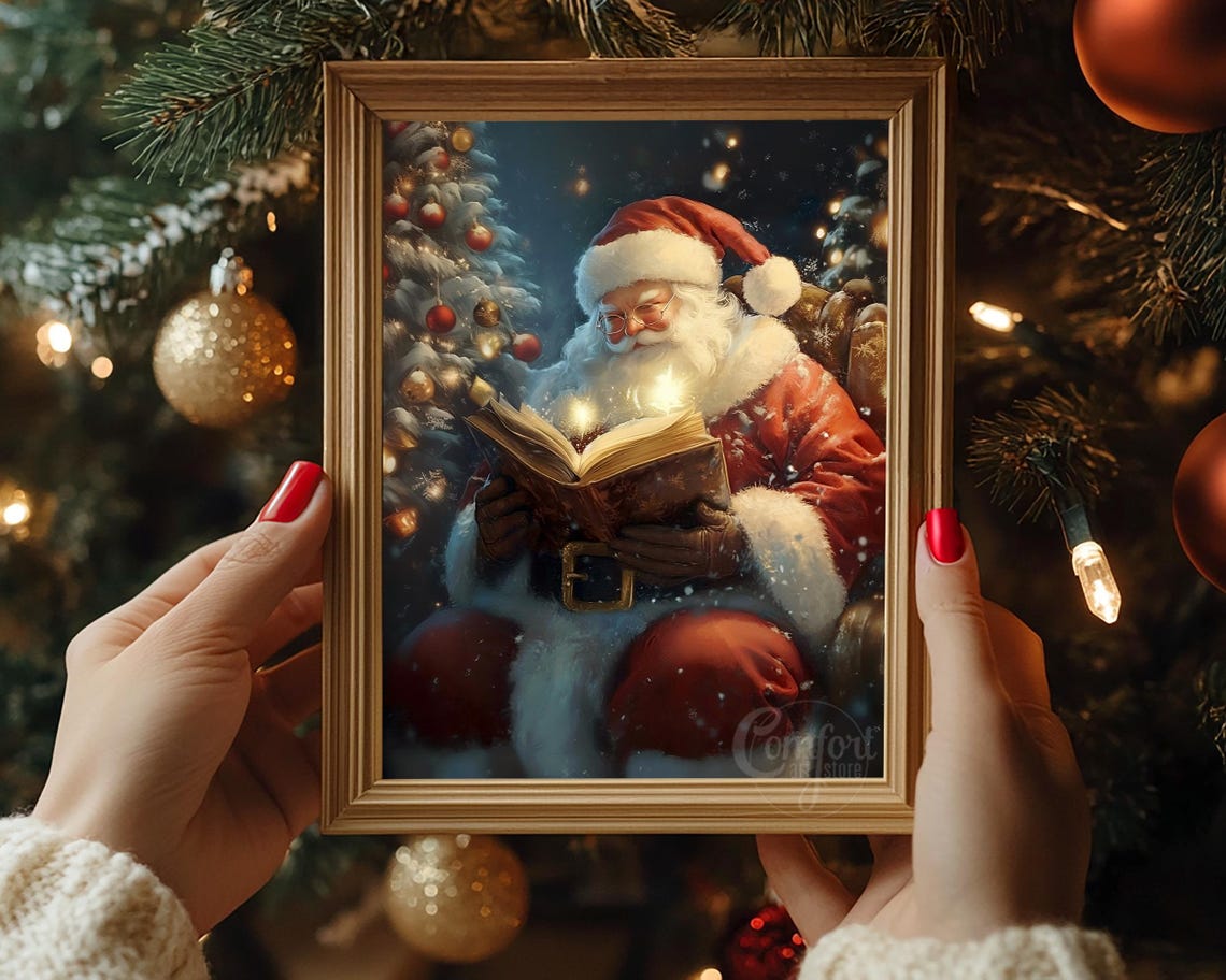 Santa Claus Reading a Glowing Magic Book at Christmas Tree Poster - Image 2
