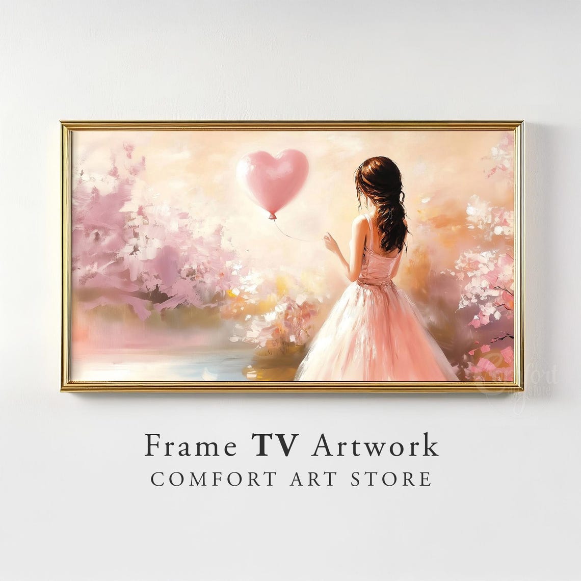 Woman With Heart Balloon Cherry Blossom Frame TV Art Romantic Poster - Image 2