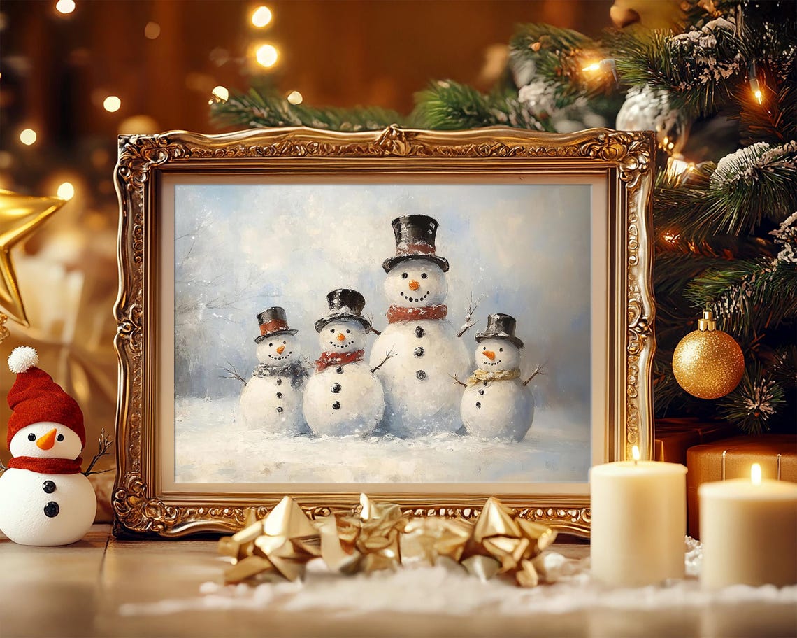 Antique Vintage Christmas Snowman Print Christmas Wall Art Winter Scene Holiday Art Snowman Family Christmas Painting Snowman Wall Art Decor - Image 3