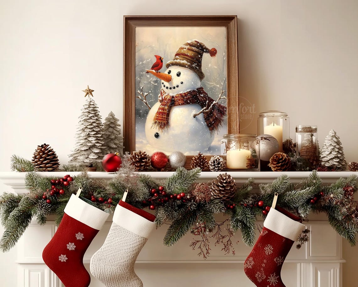 Snowman with Striped Knit Hat and Cardinal on Carrot Nose Wall Art - Image 4