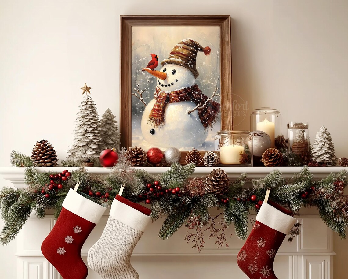 Vintage Christmas Wall Art Snowman Print Carrot Nose Red Cardinal Holiday Winter Decor Neutral Christmas Oil Painting Antique Snowman Print - Image 4