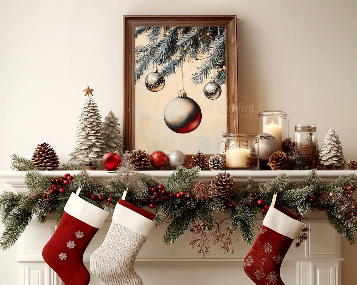 Silver and Red Christmas Ornaments Hanging Fir Branch Poster - Image 5