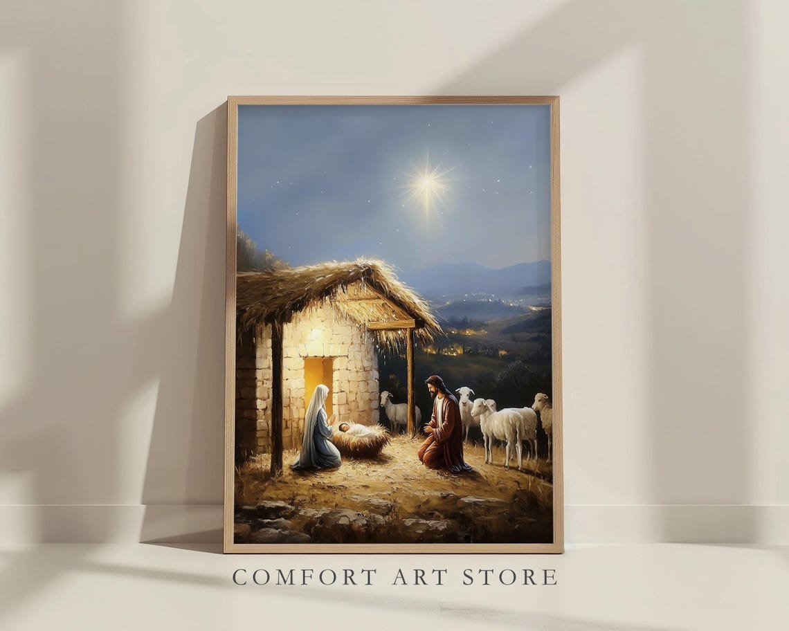 Silent Night Nativity Scene with Bethlehem Star and Sheep Poster - Image 8