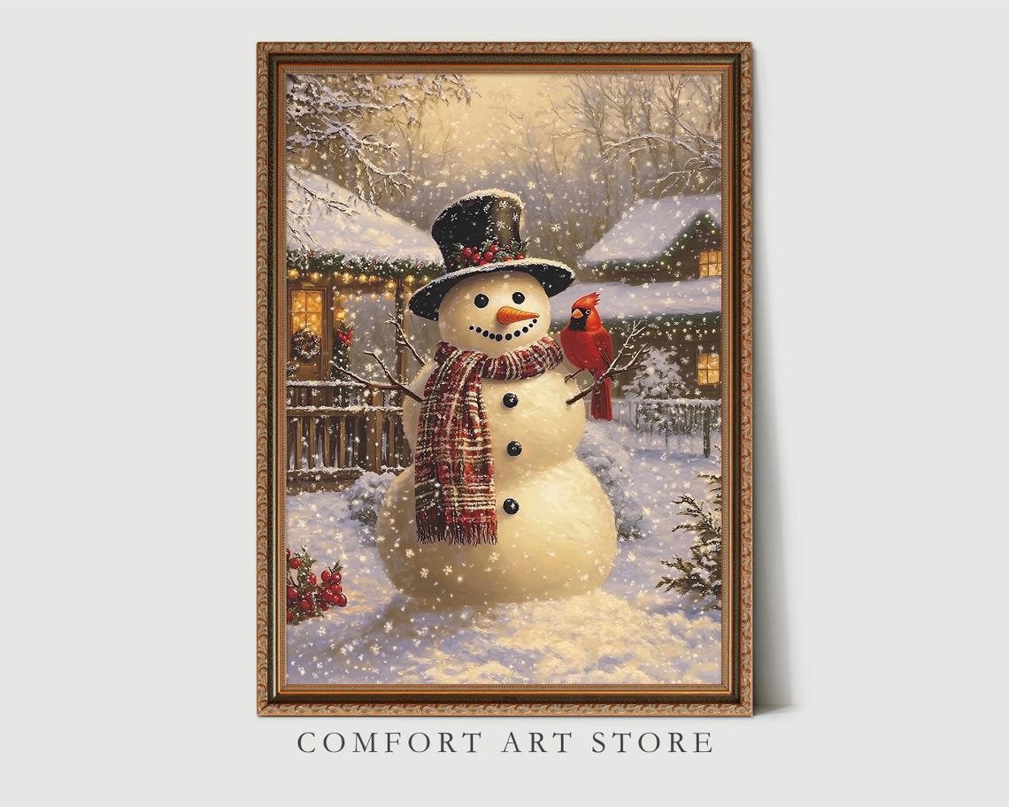 Vintage Christmas Wall Art Snowman Print Winter Cottage Red Cardinal Holiday Winter Decor Neutral Christmas Oil Painting Antique Snowman Art - Image 6