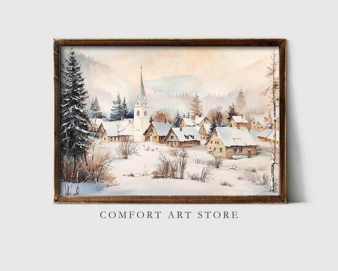 Snowy Village with Church Watercolor Winter Landscape Poster - Image 4