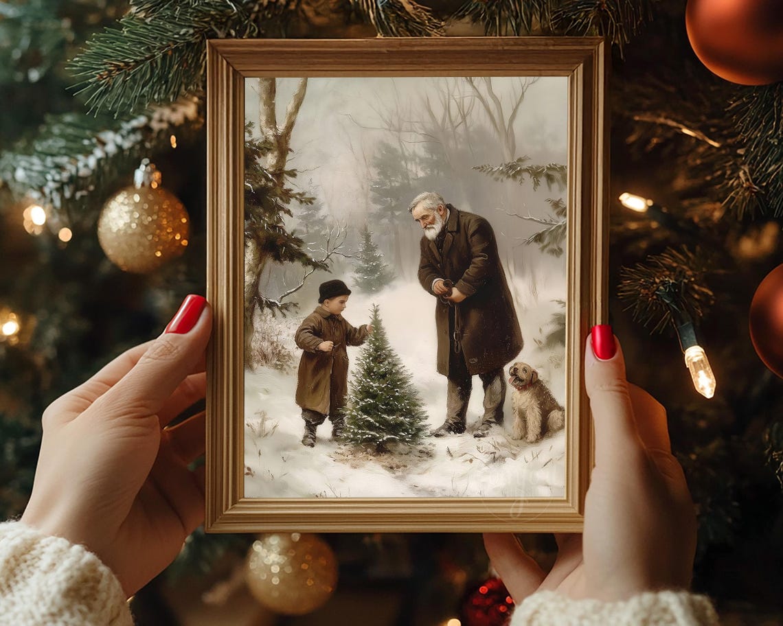 Vintage Grandfather and Boy Choosing Christmas Tree in Snow Poster - Image 6