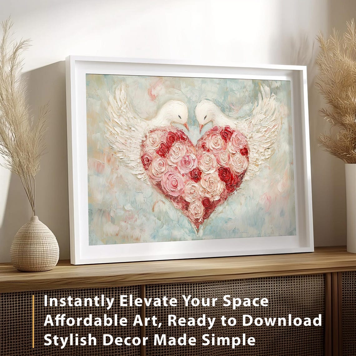 White Doves Rose Heart Impasto Painting Romantic Valentine Wall Poster - Image 2