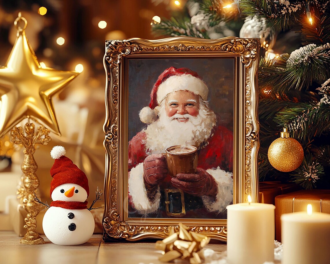 Santa Claus Holding Hot Cocoa Vintage Oil Painting Cozy Holiday Poster - Image 4