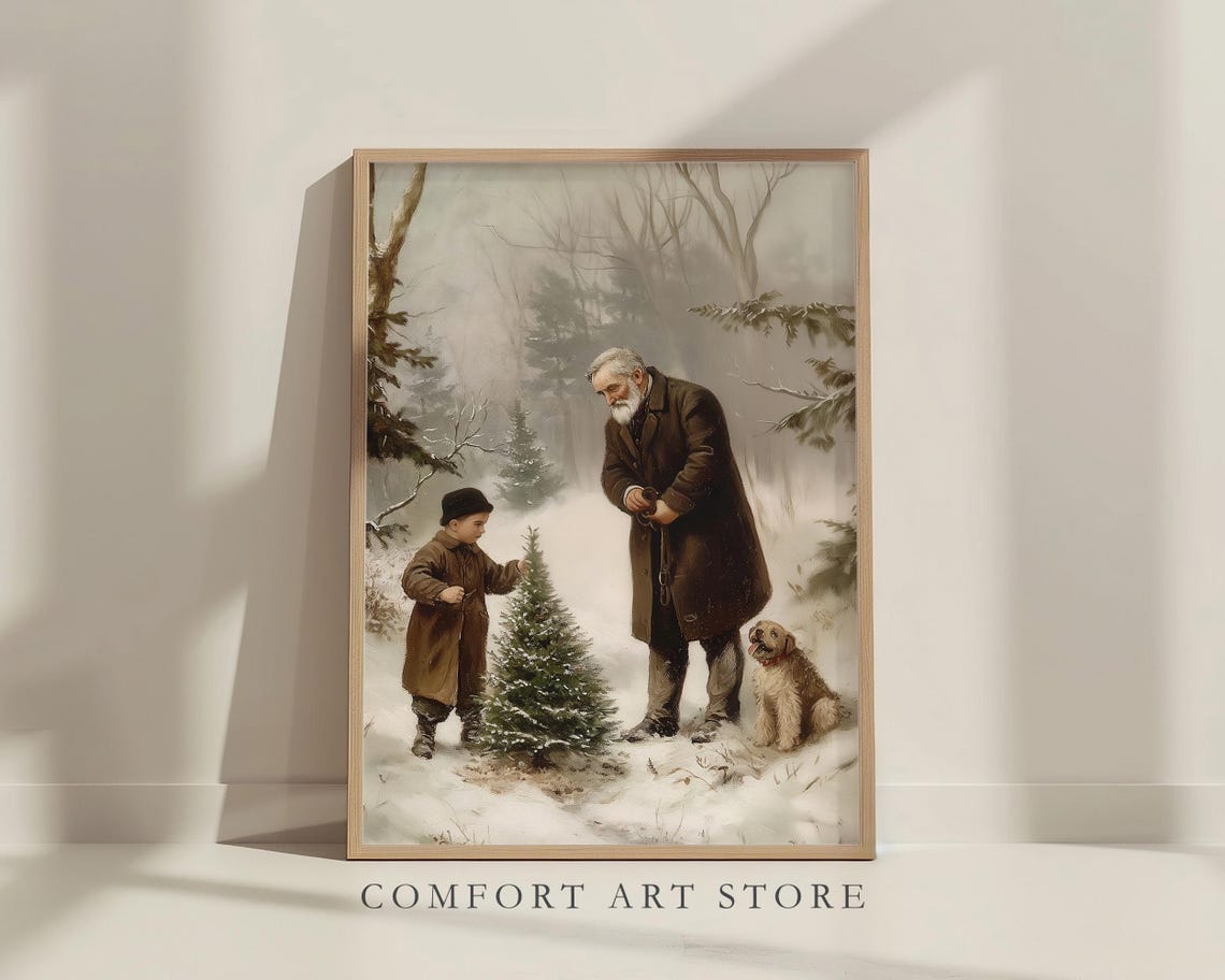 Vintage Grandfather and Boy Choosing Christmas Tree in Snow Poster - Image 7