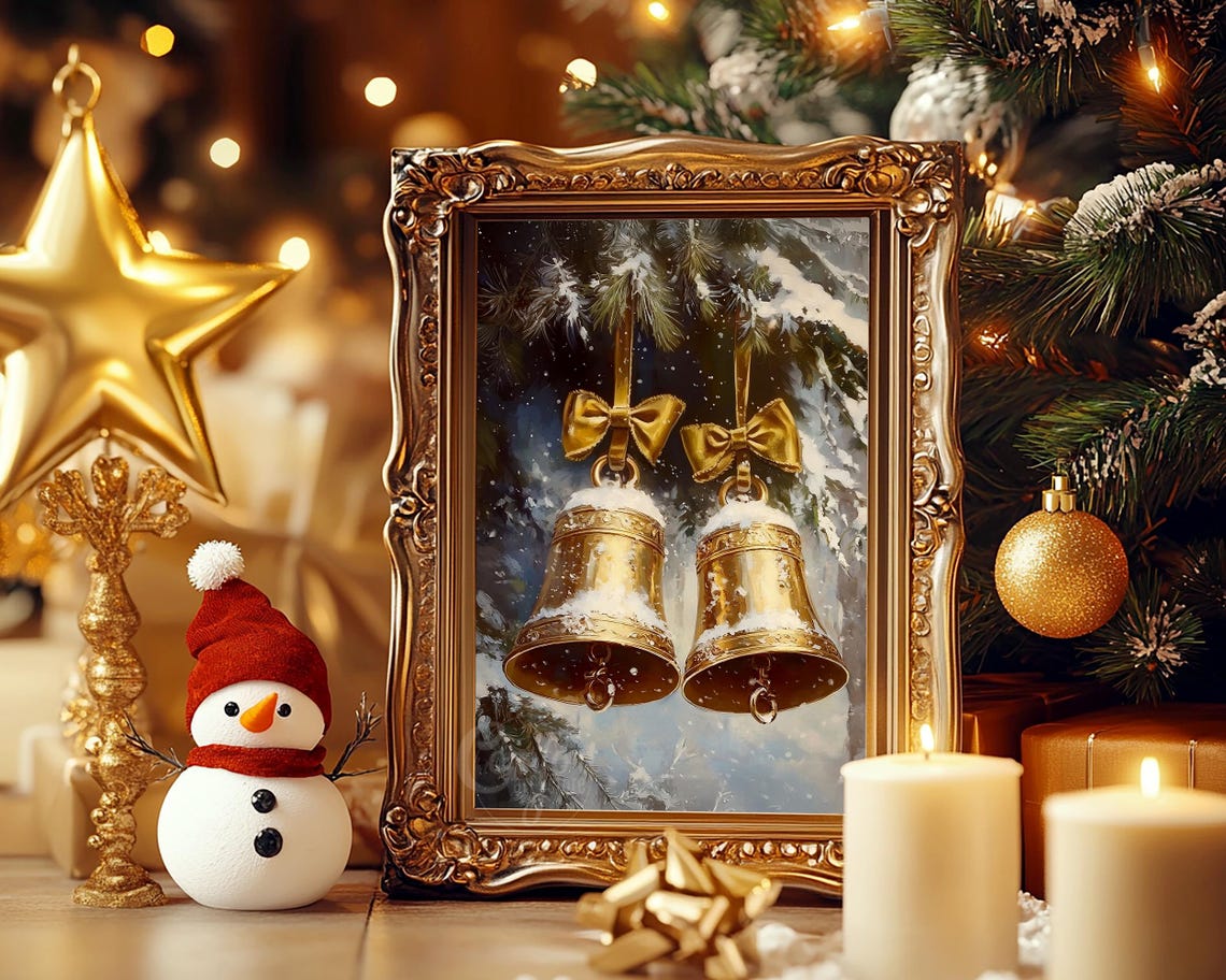 Golden Christmas Bells With Bows Hanging in the Snow Vintage Poster - Image 5