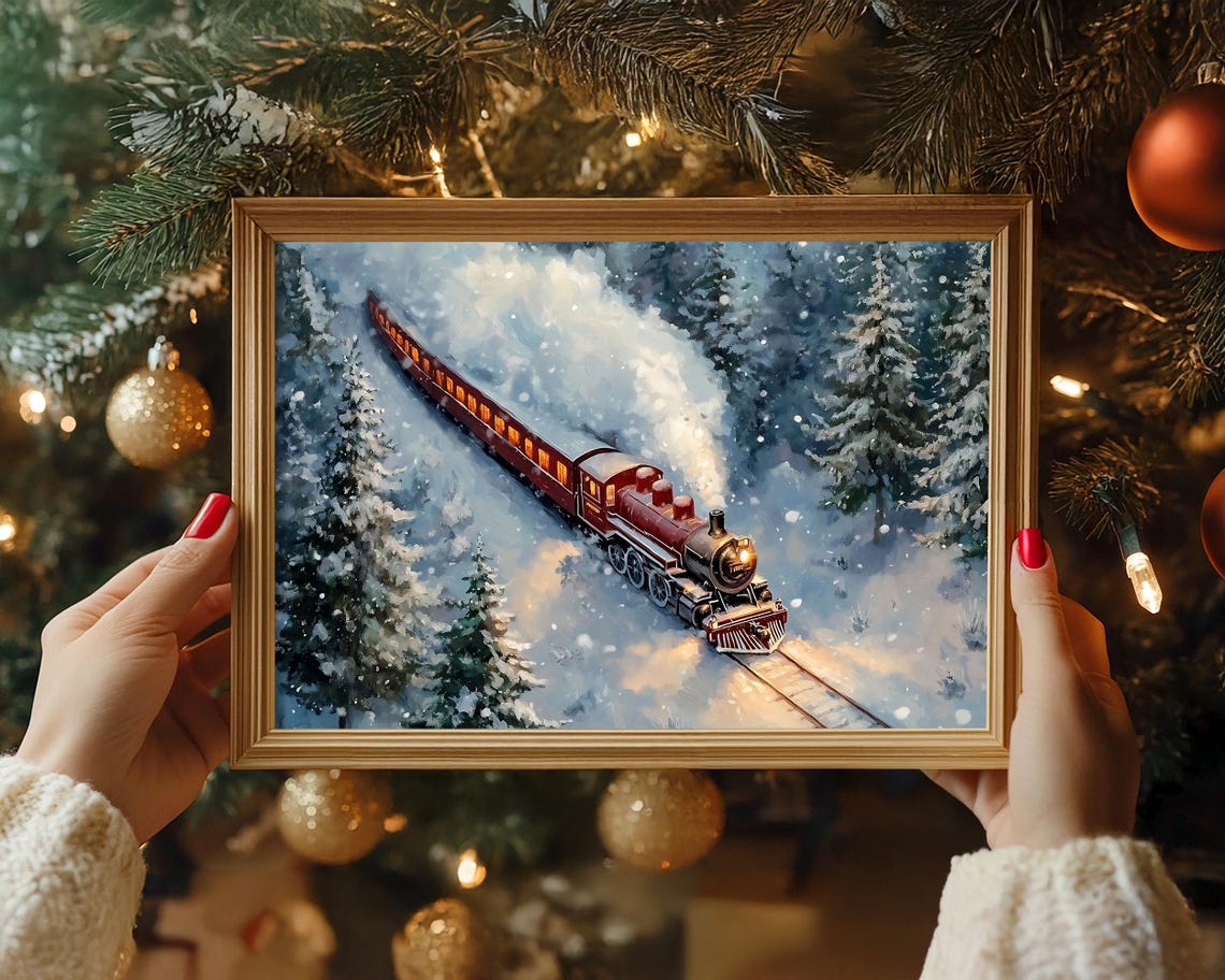 Red Steam Locomotive with Glowing Cars Crossing Snowy Pines Poster - Image 3