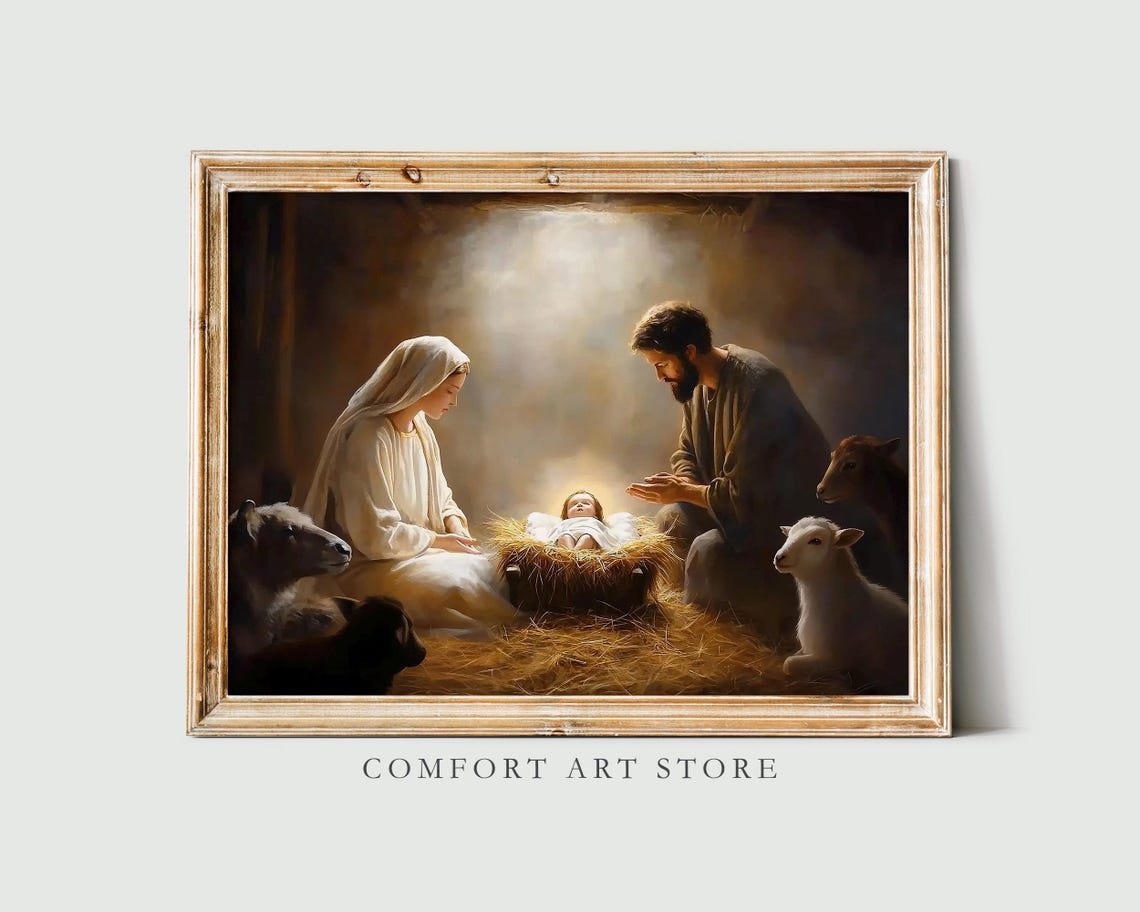 Nativity Scene With Mary Joseph and Baby Jesus in the Manger Poster
