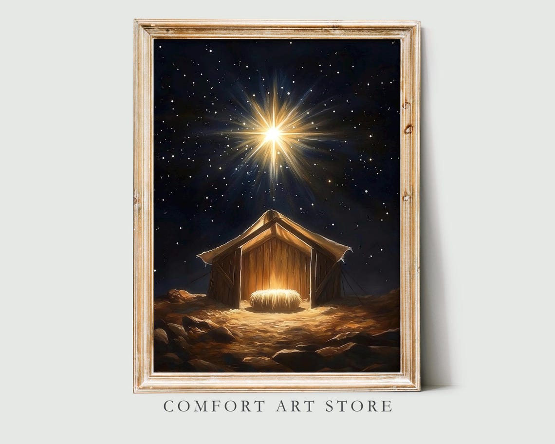 Nativity Stable Under Bright Bethlehem Star Christmas Poster