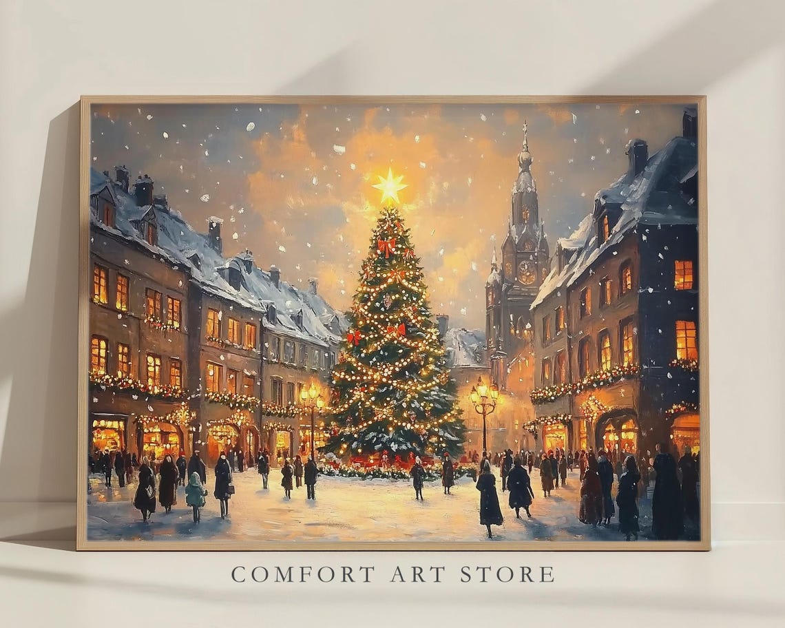 Vintage Christmas Town Print Christmas Wall Art Winter Holiday Antique Christmas Cityscape Painting Christmas Tree Wall Art Christmas Decor - Image 7