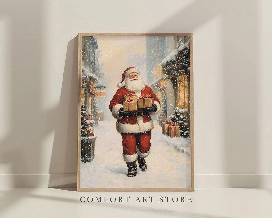Santa Claus with Armful of Gifts in Snowy Village Street Wall Art - Image 7