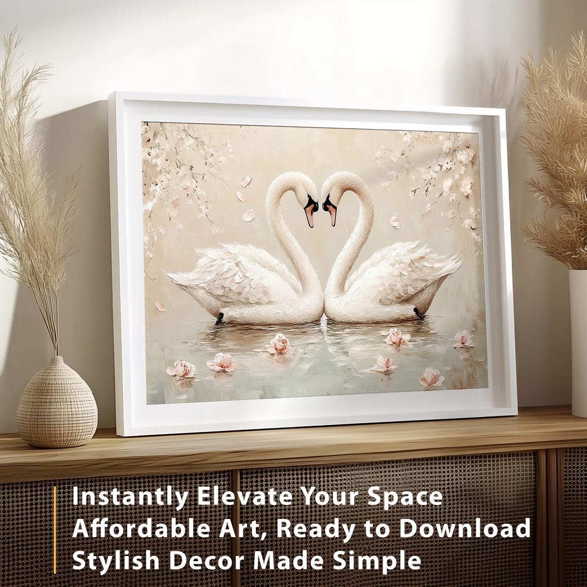 Swans Forming Heart Shape Love Valentine Oil Painting Poster - Image 2