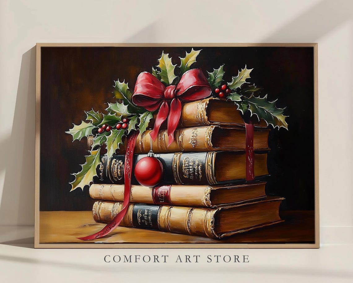 Classic Antique Book Stack with Red Bow and Holly Christmas Poster - Image 5