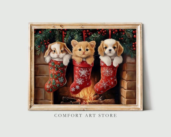 Vintage Christmas Pets Print Christmas Wall Art Winter Christmas Print Kitty Bunny Painting Cute Christmas Puppy Stocking Wall Art