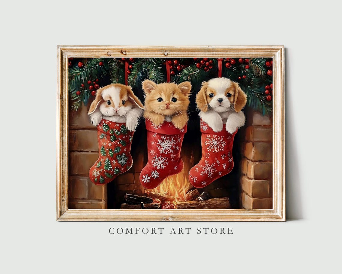 Bunny Kitten and Puppy Peeking from Christmas Stockings Art Poster