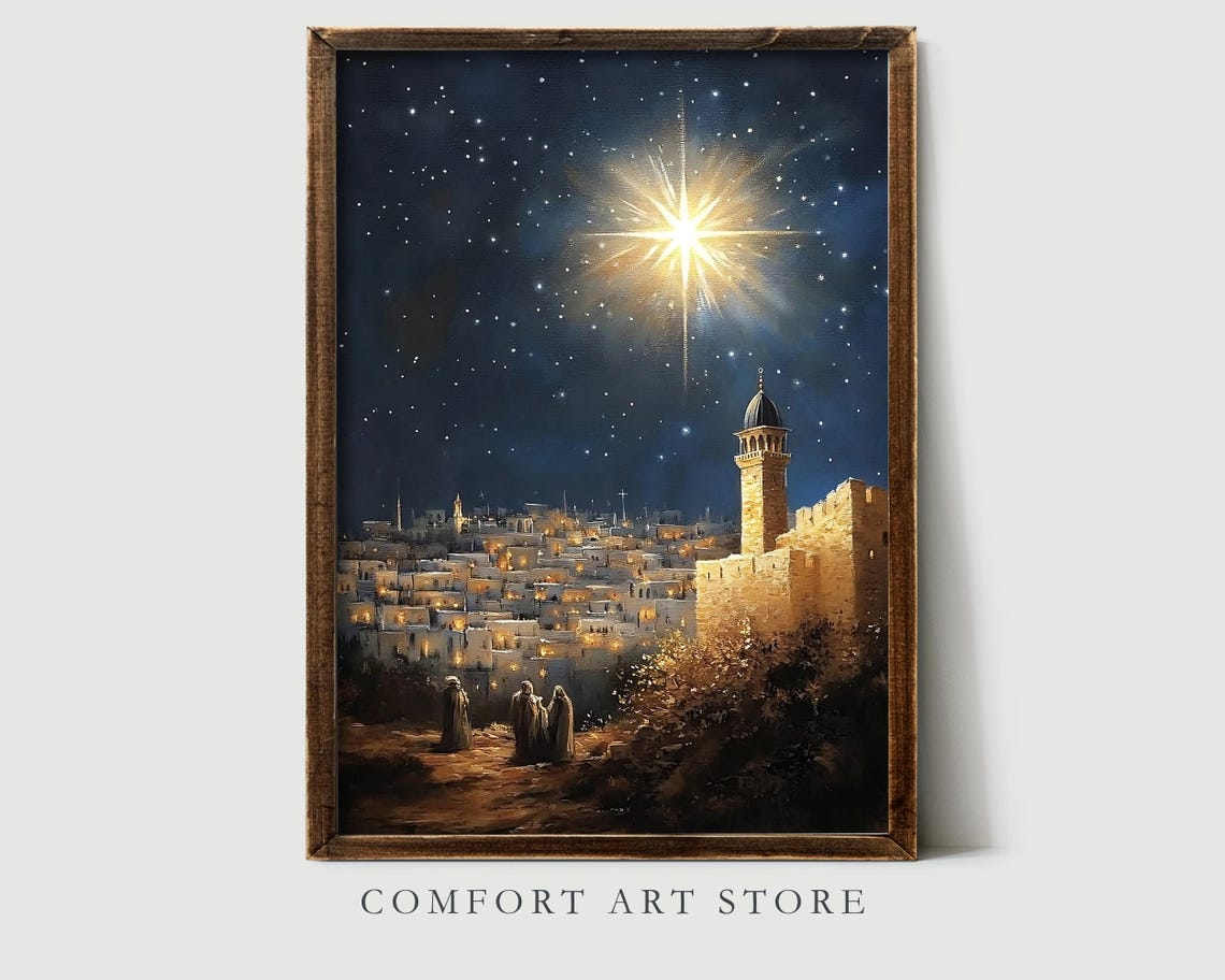 Antique Vintage Star Of Bethlehem Print Christian Nativity Scene Christmas Star Wall Art Christian Christian Print Oil Painting - Image 5