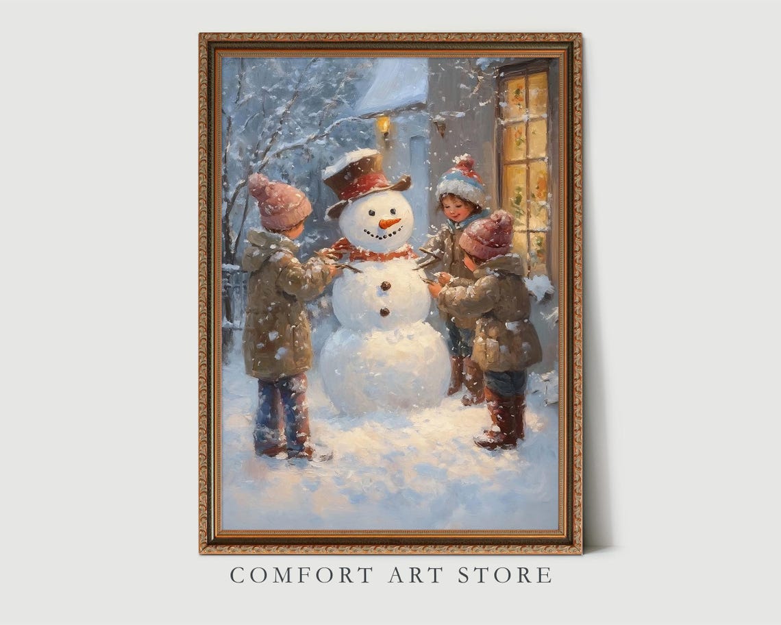 Children Building Snowman Outside Cozy Winter House Art Poster - Image 3
