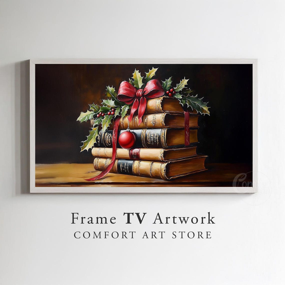 Antique Book Stack With Red Bow Holly and Christmas Ornament Poster - Image 3