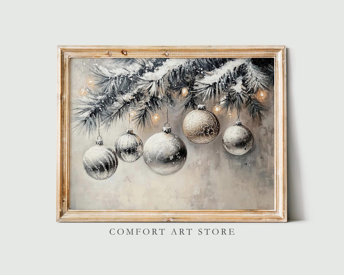 Shimmering Silver Mercury Glass Ornaments Snowy Pine Branch Poster