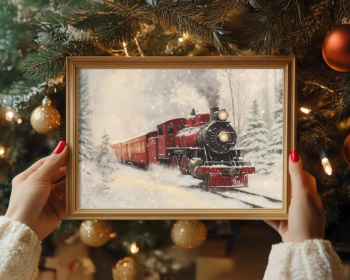 Red Passenger Train Rolling Through Winter Snowfall Wall Art - Image 5