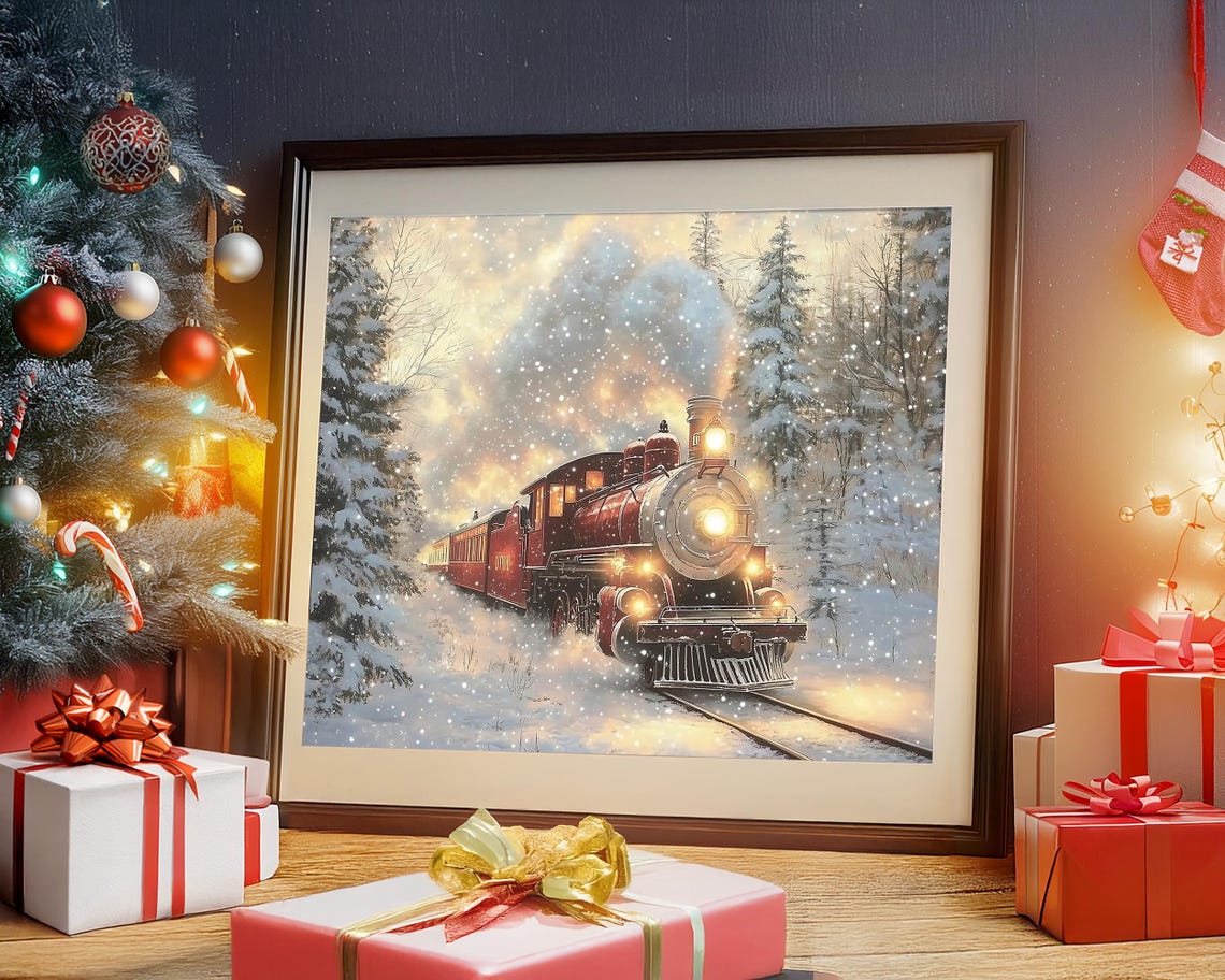 Red Steam Locomotive in Snowy Winter Forest at Dusk Wall Art - Image 5
