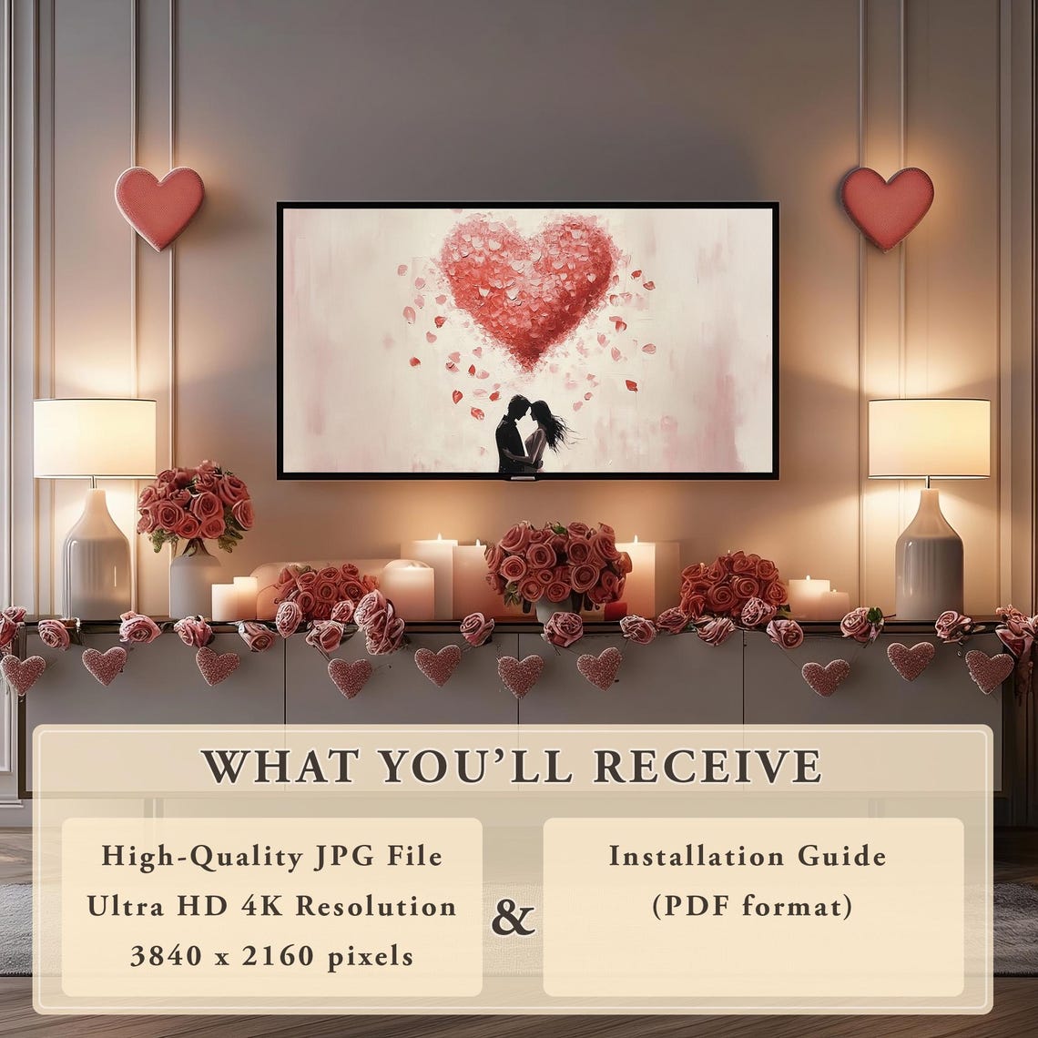 Lovers Embracing Under Heart Balloon Romantic Valentines Art Poster - Image 5