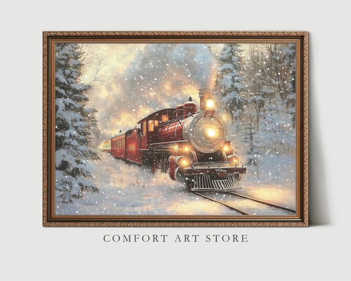 Red Steam Locomotive in Snowy Winter Forest at Dusk Wall Art - Image 3