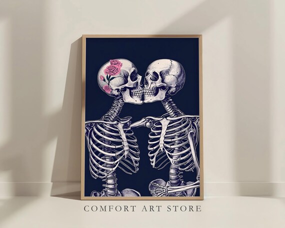 Skeleton Couple Kissing Pink Roses Gothic Navy Blue Wall Art