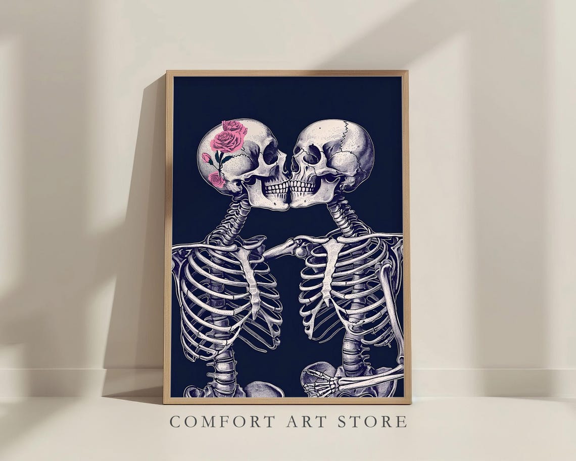 Skeleton Couple Kissing Pink Roses Gothic Navy Blue Wall Art