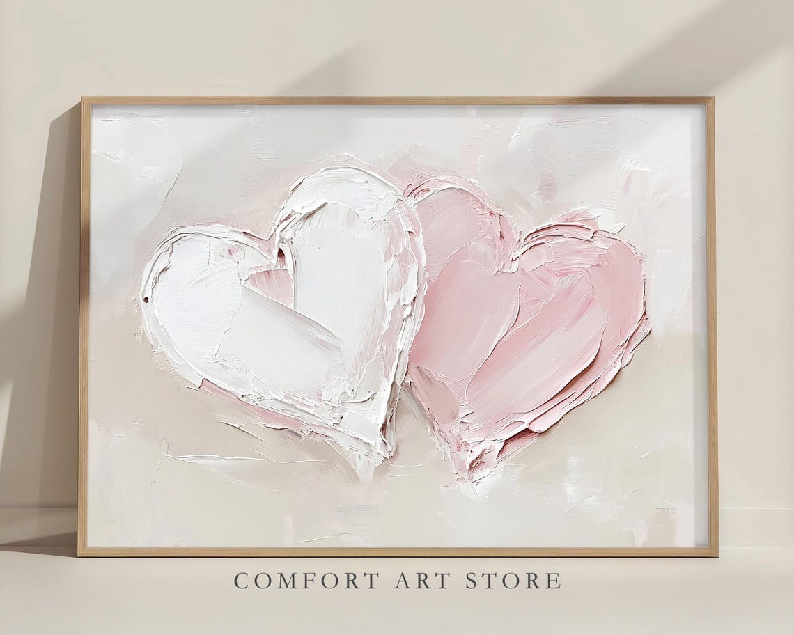 Valentines Two Textured Hearts Impasto Neutral Minimalist Wall Art - Image 3