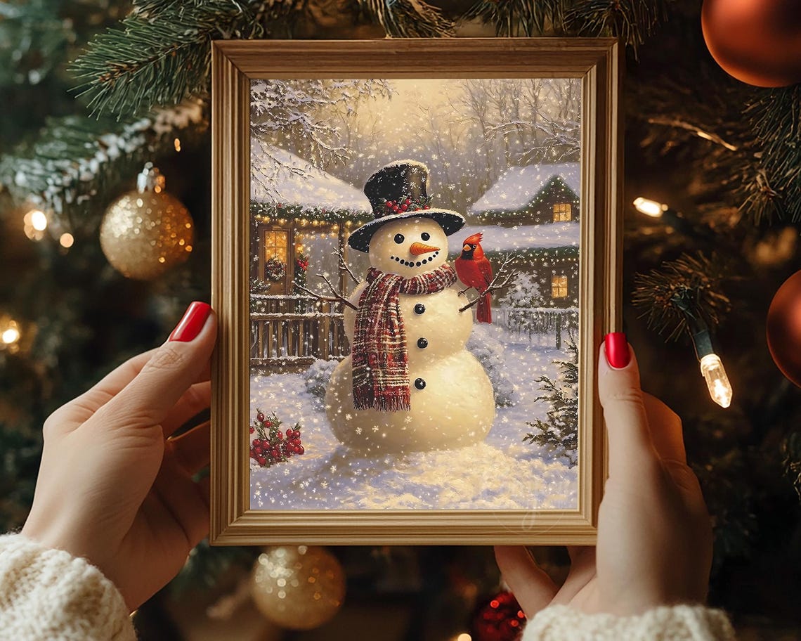 Vintage Christmas Wall Art Snowman Print Winter Cottage Red Cardinal Holiday Winter Decor Neutral Christmas Oil Painting Antique Snowman Art - Image 3
