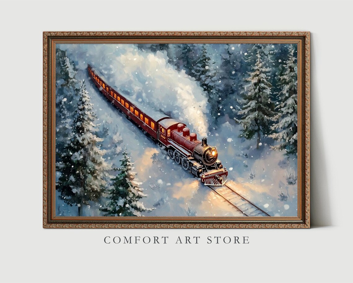 Red Steam Locomotive with Glowing Cars Crossing Snowy Pines Poster - Image 8