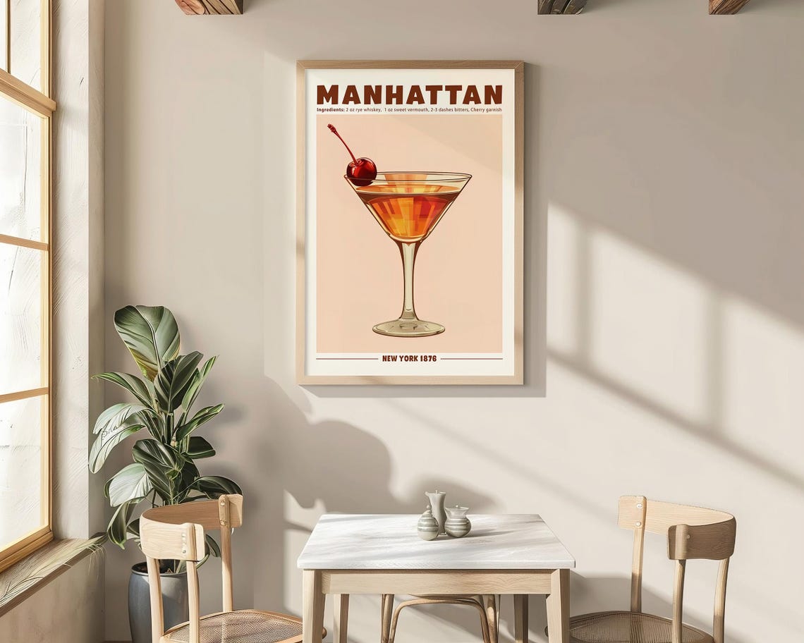 Classic Manhattan Cocktail With Cherry in a Coupe Glass Vintage Poster - Image 4