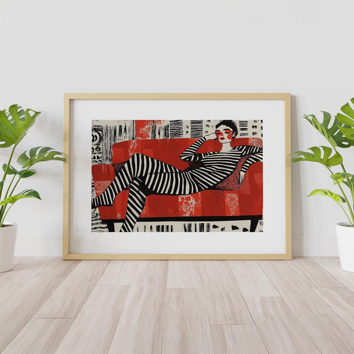 Woman Relaxing On Red Orange Couch Art Print - Image 4