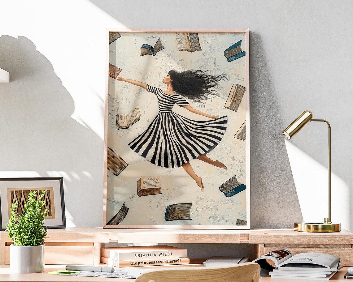 Dreamy Dancer In Striped Dress Surrounded By Floating Books Poster - Image 4