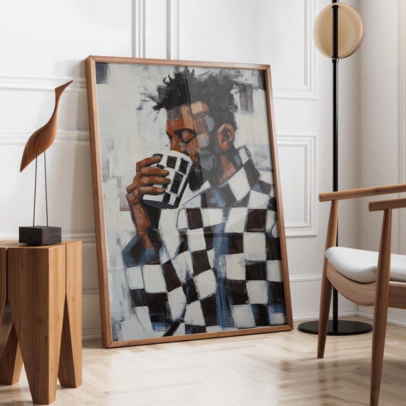 Geometrical People Large Wall Art Proud Afro Men Contemporary Coffee Lover Artwork Barista Print Modern Kitchen Art