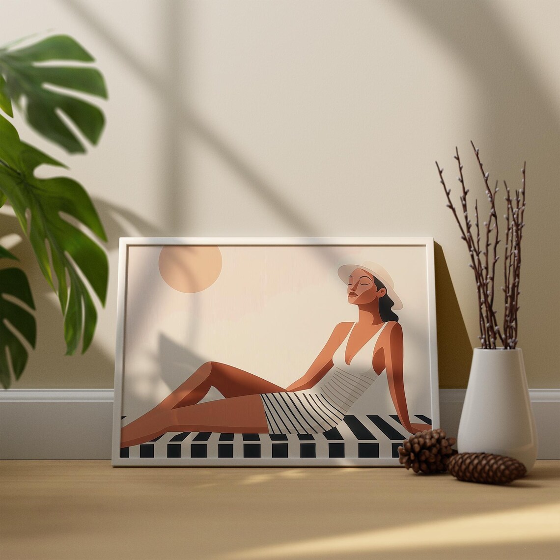 Woman Sunbathing in Striped Swimsuit Minimalist Beach Poster - Image 3