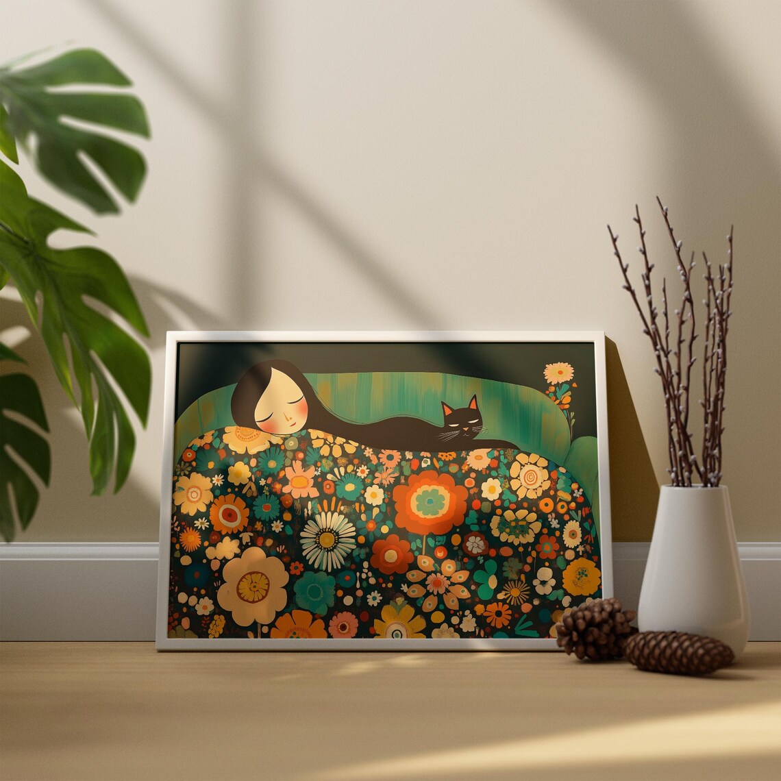 Resting Woman And Black Cat On A Colorful Floral Sofa Poster - Image 3