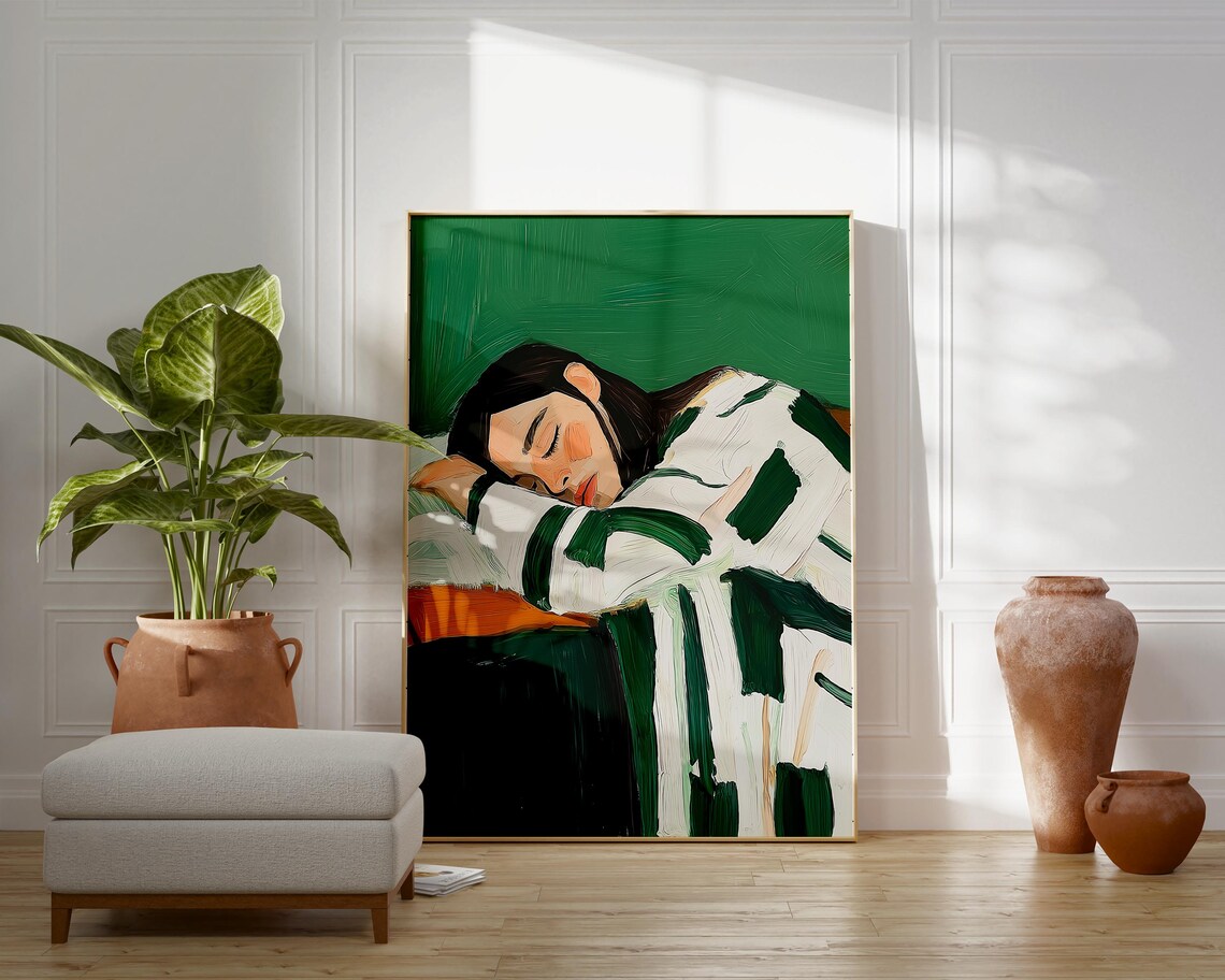 Sleeping Woman Wrapped in Green Stripes Emerald Cozy Rest Art Poster - Image 4