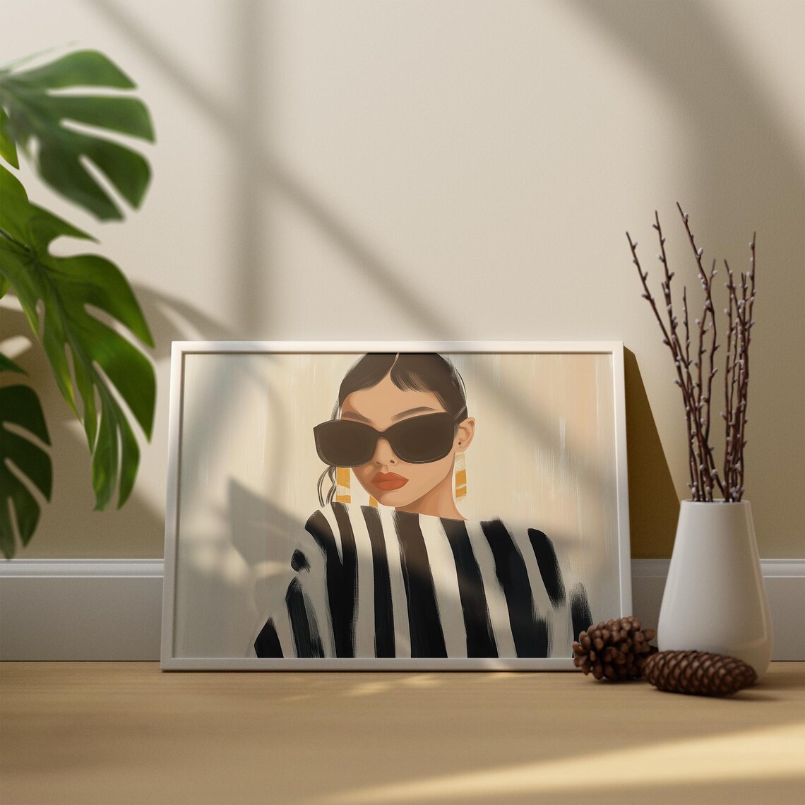 Elegant Woman In Sunglasses With Gold Earrings And Stripes Wall Art - Image 3