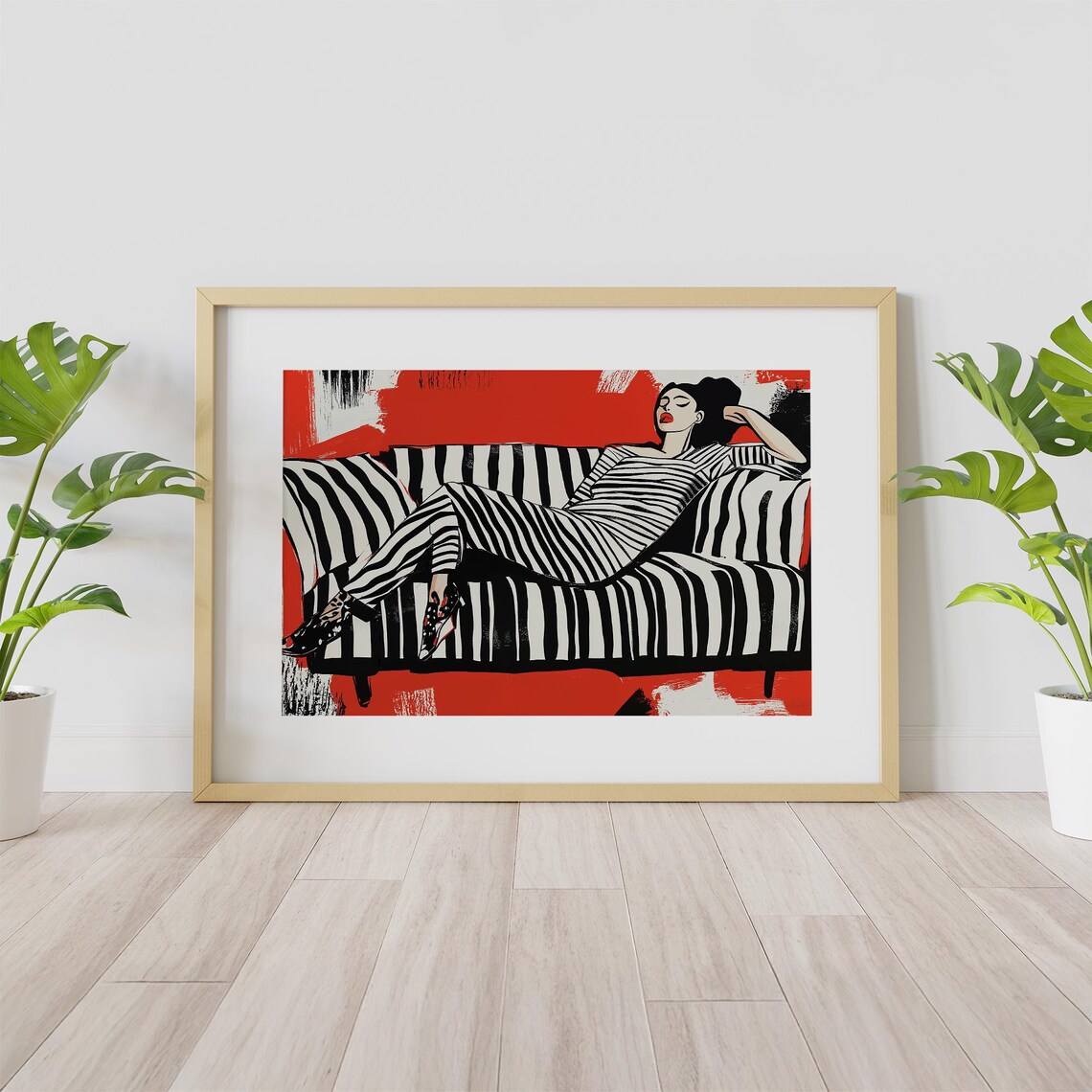 Fashion Woman Lounging on Striped Couch Bold Red Modern Art Poster - Image 2